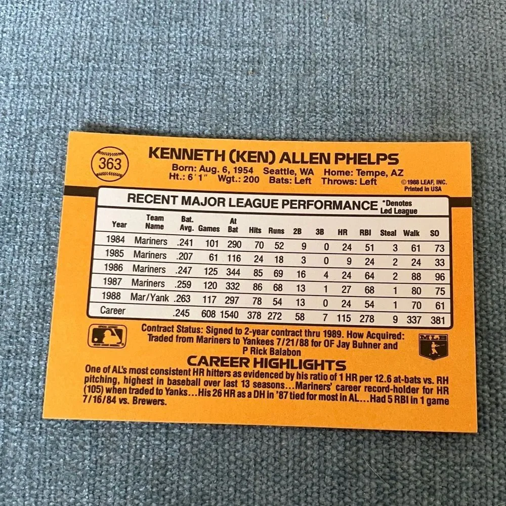 1989 Donruss New York Yankees Baseball Card Trading Card